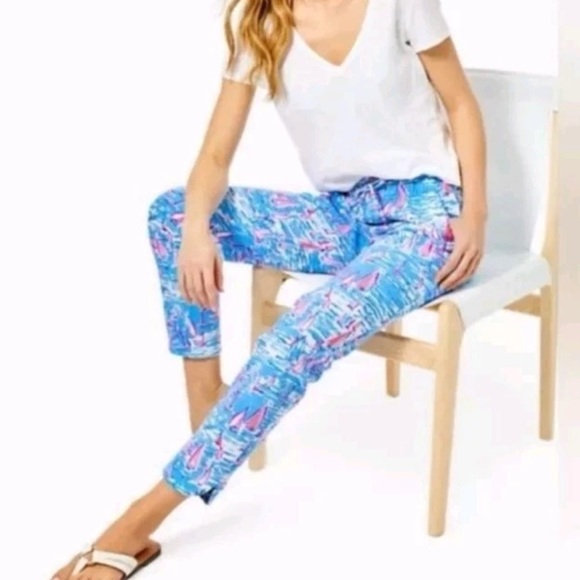LILLY PULITZER Emora Knit Pant Boatylicious Sailboat Blue Stretchy Jogger
